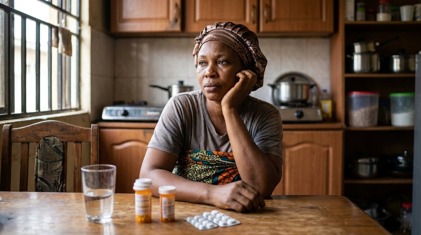 Nigerian woman sitting at a kitchen table, looking reflective
